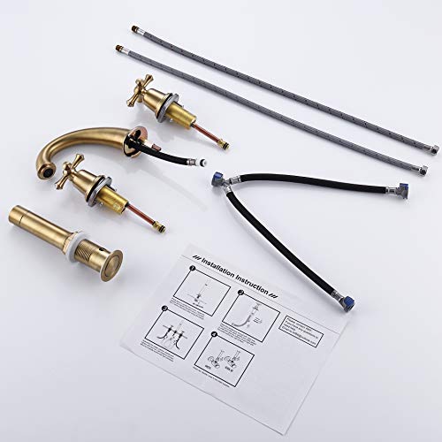 RKF Solid Brass Two Handle Widespread Bathroom Sink Faucet with METAL Pop-up Drain with overflow and CUPC Supply Hoses,CWF034-BG,Brushed Gold - Thumbnail 4