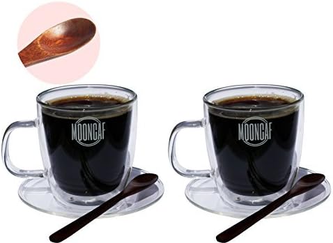 Espresso Cups Set of 2 by Mooncaf, Double Wall Design, Quality Borosilicate Glass Material, Attractive Wooden Spoons, Easy Handles, 8.5 Oz Capacity, Suitable for Tea, Coffee, Hot or Cold Drinks
