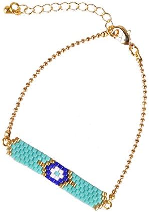 KELITCH Handmade Woven Bloom Pattern Seed Beads Chain Bracelet, Cyan