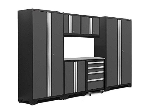 NewAge Products 50420 Bold 3.0 Garage Storage Cabinet Set with Stainless Steel Worktop (7-Piece), Gray