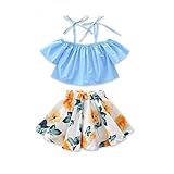 MOLYHUA Baby Girls Outfits Blue, 2Pcs Off-Shoulder Tops + Floral Print Skirt Set (80(12M), Blue)