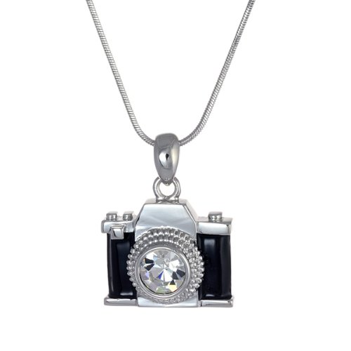 PammyJ Silvertone Miniature Camera Pendant Photography Crystal Necklace, 18 Clothing, Shoes & Jewelry, Women, Jewelry, Necklaces, Pendants