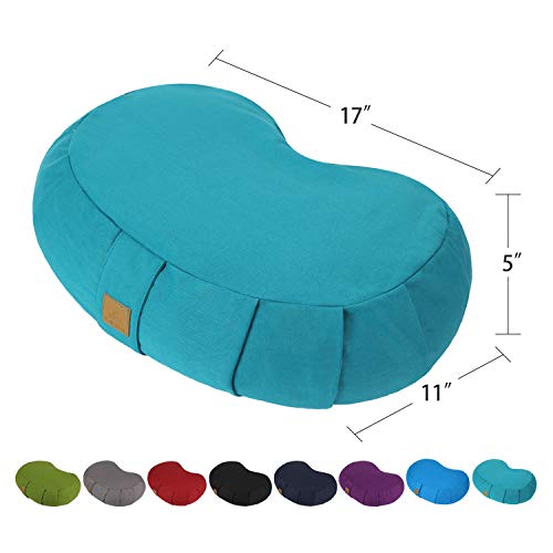 FelizMax Crescent Zafu Meditation Pillow, Zabuton Yoga Bolster, Meditation Cushion, Floor Pouf, Yoga Pillow, Zippered Organic Cotton Cover, Natural Buckwheat, Kneeling Pillow – Large (Cyan Blue)