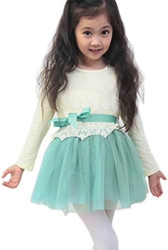 Girl Long Sleeve Lace Jacquard Gauze Princess Dress, Green, 150cm
