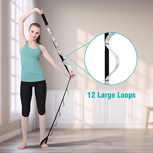 Yoga Strap Fitness Multi-Loop Strap Stretch Band 12 Loops Yoga Stretch Strap Nonelastic Stretch Strap for Physical Therapy, Pilates, Dance and Gymnastics with Carry Bag