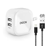 ONSON iPhone Charger,2.4A 12W Dual USB Portable Travel Wall Charger with Foldable Plug+6FT Long Apple Lightning Cable Charging Cord for iPhone 7/7Plus/6S/6S Plus/6/5S/SE/5C,iPad Air/Mini/Pro(White)