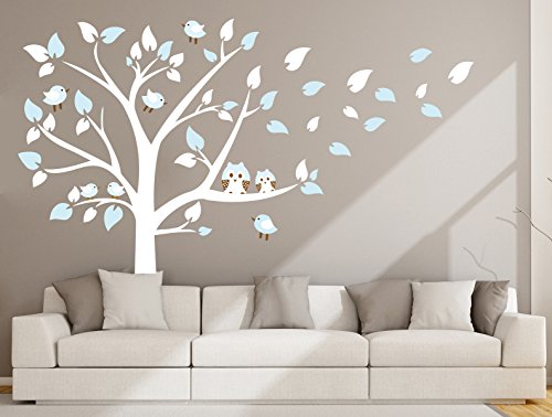 LUCKKYY Cute Owls with Birds Stand on The Tree Wall Decals Tree Wall Decals Tree Wall Sticker for Kid Baby Nursery Room (87x78) (Blue)