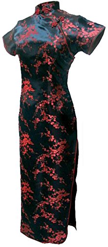 7Fairy Women's Vtg Black&Red Floral Long Chinese Prom Dress Cheongsam