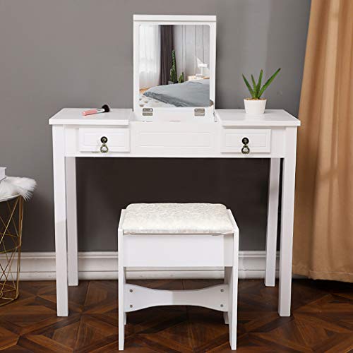Vanity Set with Flip Top Mirror & Cushioned Stool Dressing Table Vanity Makeup Table 6 Drawers 2 Dividers Movable Organizers - Easy Assembly 35.4''L x 15.8''W x 29.5''H - Thumbnail 7