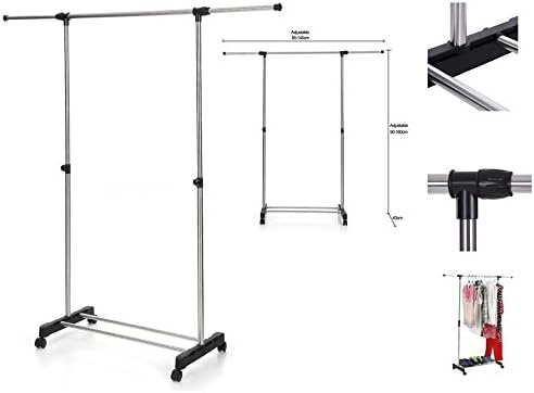 JTW-Single Adjustable Rolling Clothes Rack Hanging Portable Space saving &amp; conveniently &amp; Heavy Duty Hanger stainless steel and PP plastic Max.10kg Silver Black color