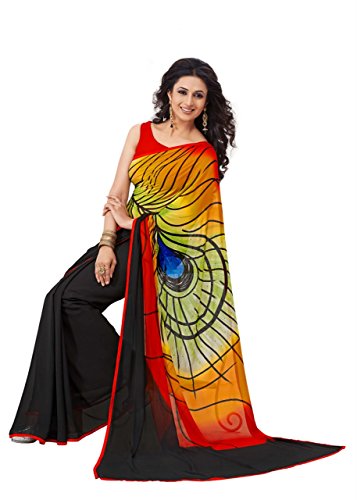 Saris and Things Gorgeous Graphic Printed Peacock Design Saree - Black