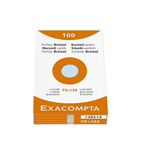 Exacompta - Rif. 13851X - Cartone da 10 custodie con 100 spine Bristol a righe non perforate, formato 75 x 125 mm, compatibili con stampanti a getto d'inchiostro, laser e fotocopiatrice, assortite