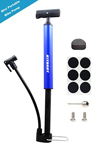 Bike Floor Pump & Glueless Puncture Kit, Portable Mini Bicycle Tire Air Pump with Reversible Presta to Schrader Valves Pump Head for BMX, Mountain, Road, Hybrid Bike & Sports Ball - Blue