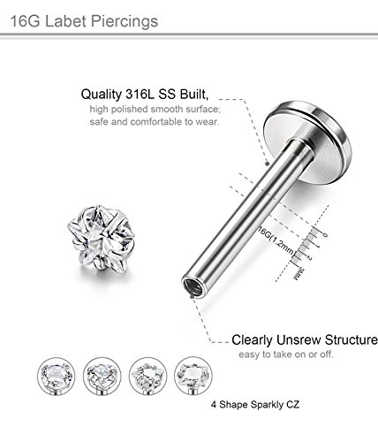 FUNRUN JEWELRY 4 Pairs 16G Stainless Steel Monroe Lip Rings Nose Studs Body Jewelry Piercing 3mm CZ 6mm