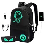 School Backpack, Anime Luminous Backpack Unisex Fashion Backpack Daypack College School Bookbag Travel Laptop Backpack with USB Charging Port and Anti-theft Lock & Pencil Case, Black