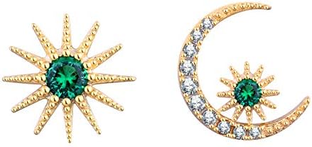 Jewever 925 Sterling Silver Gold Plated Sun and Moon Asymmetric Studs Earrings for Women Jewelry Gift