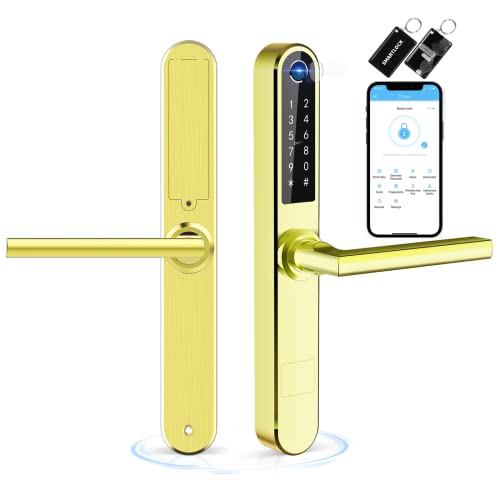 Ruveno Slim Smart Fingerprint Door Lock with Handles, Keyless Entry Door Lock, Bluetooth Fingerprint Keypad Card Keyless Unlock for Aluminum Swing Wooden Door(Gold)