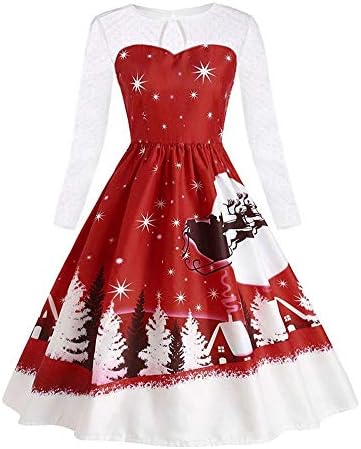 XOWRTE Women's Vintage Lace Dress Christmas Print Party Swing Dress