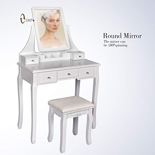 Vanity Table Set Square Mirror with 4 Removable Dividers, Dressing Table Vanity Makeup Table Cushioned Stool & 5 Drawers for Bedroom/Women/Gift (Square Mirror, White)