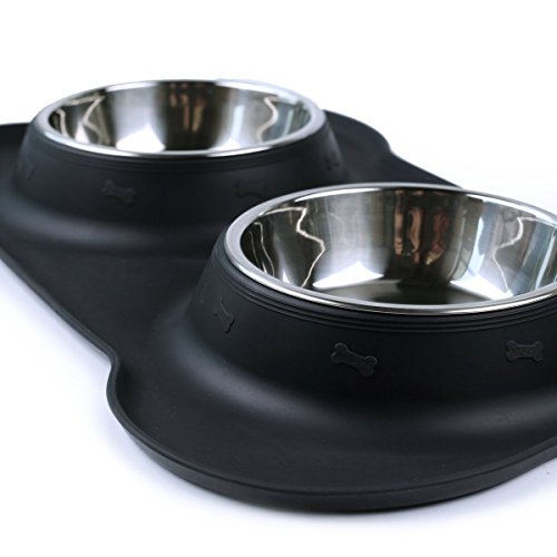 Pet Deluxe Dog Bowls Stainless Steel Dog Bowl with Non Spill Skid Resistant Silicone Mat 12 oz Double Pet Bowls Feeder Bowl for Dogs Cats and Pets (S)
