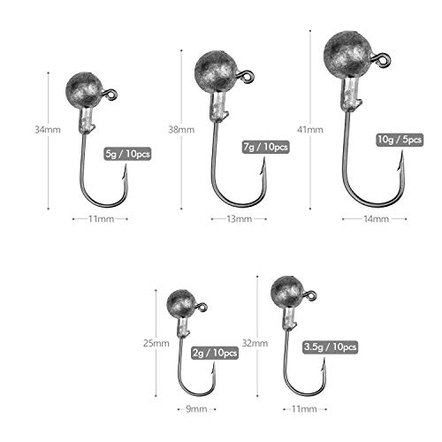 NATEE 45 Stück Jighaken mit Round Jighead für Gummifische zum Raubfishangeln, Bleikopf-Angelhaken Set mit verschieden… – Bild 3