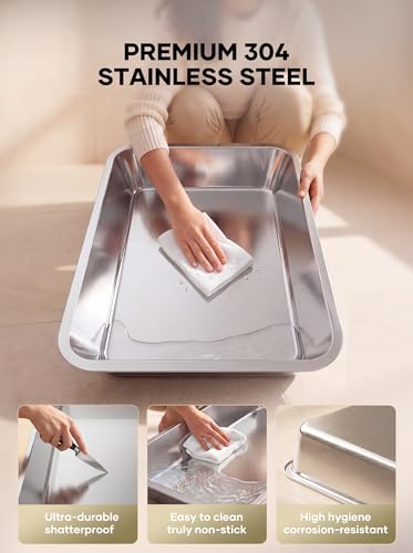 Extra Large Stainless Steel Cat Litter Box with Lid, Enclosed High Sided Metal Litter Pan for Large & Multiple Cats, Dog Proof, Non-Sticky, Anti-Leakage, Easy Clean with Scoop & Step, Dark Grey