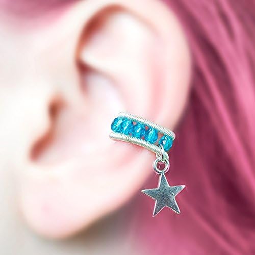 blue and silver star EAR CUFF no piercing requied, cute kawai cosplay jewelry blue wire wrapped elven jewelry with czech glass crystals