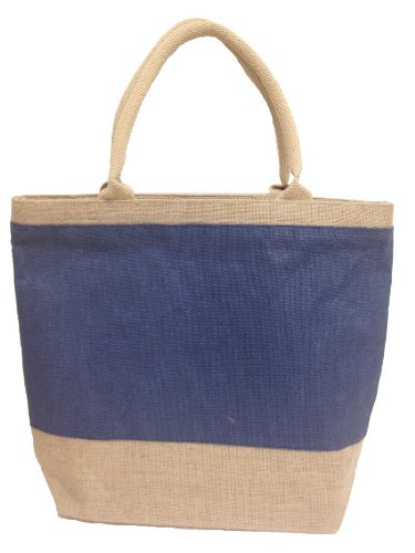 Natural blue jute/ burlap tote bag with zippered closur…