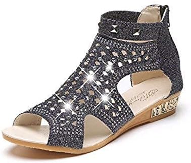 Huitian23 Women's Cu Out Platform Wedge Sandals Ankle Strap Suede Fish Mouth Hollow Roma Shoes (40, Black)