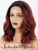 2019 Ombre Bob Wavy Red Auburn Wig of Front Lace with Black Roots Scheherezade Short Copper Lace Front Wigs Synthetic Hair for Women Glueless Heat Ok
