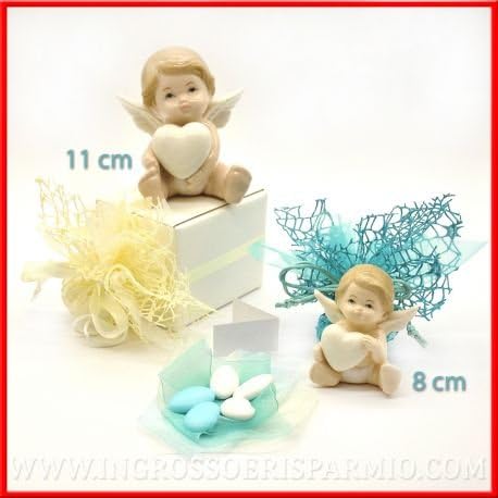 Coloured Porcelain White Angel with Wings and White Blonde Hair Holding a Heart Shape Figurine, Very Detailed, Standard Size – Wedding Favours Birth, Communion, Baptism kit 12 pz. Arancione In Scatola