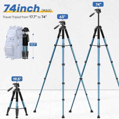 Victiv 188cm Camera Tripod for Canon Sony Nikon, Travel Tripod with Detachable 3-way Swivel Head, Camera Stand with Phone Holder & Remote Control, Upgraded Tripods with 1/4" Extension Interface-Blue