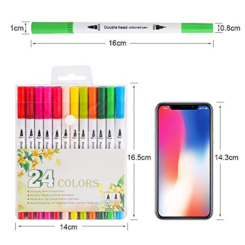 bedee Colouring Pens for Adults and Kids, 24 Colors Dual Tip Brush Pens Set - Felt Brush Tip & Fineliner Tip, Art Watercolour Markers Pen for Colouring Books, Drawing, Sketching, Bullet Journal