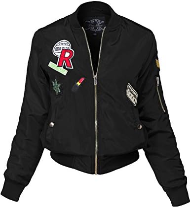 Luna Flower GJAW150 Women's Long Sleeve Ribbed Trim Zip-Up Bomber Jacket with Patches Black Large
