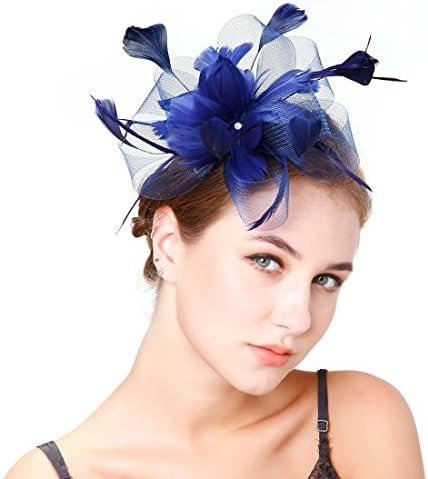 Feather Fascinators Hat Sinamay Headware Bridal 1920s Headpiece for Women and Girls (Navy)