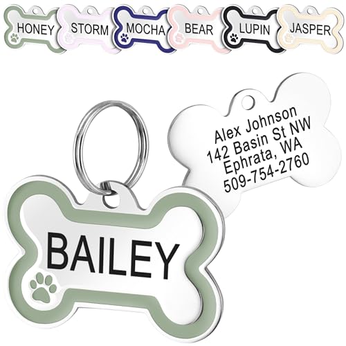 GoTags Stainless Steel Bone Dog Tag with Color Outline and Paw Print, Personali…