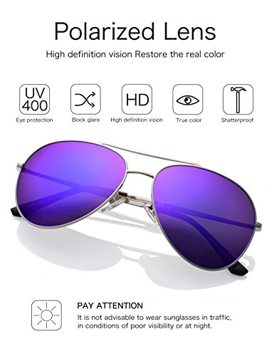 LUENX Aviator Sunglasses Polarized for Men & Women with Case - 400 UV Purple Lens Metal Gloss Silver Frame Mirrored 60mm