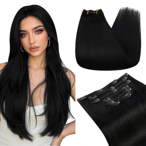 Ugeat Clip in Human Hair Extensions Jet Black 16 Inch