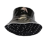 Black Patent Polka Dot Reversible Waterproof Bucket Rain Hat, Foldable, One Size