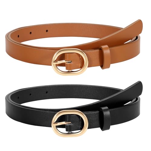 Pack Women's Skinny PU Leather Belt with Gold Buckle Ladies Thin Leather  Plus