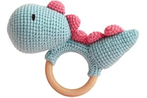 Chippi & Co Crochet Baby Rattle, Crochet Baby Toys, Stuffed Baby Doll, Organic Wooden Newborn Toys, Knitted Stuffed Animals for Babies Boy, Fathers Day Gifts for New Dad (Doodoo The Blue Dinosaur)