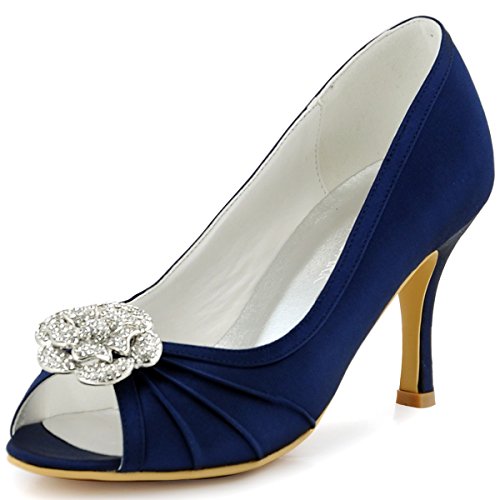 ElegantPark EP2094AF Women Peep Toe Rhinestones High Heel Pumps Satin Evening Wedding Dress Shoes Navy Blue US 9