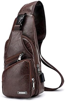 Mens Outdoor Shoulder Gym Daypack Crossbody Pack Chest Sling Bag with USB Charging Port (Dark Brown)