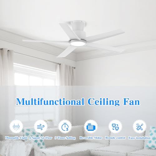 ocioc - Ventiladores de techo de 44 pulgadas con luces y mando a distancia, ventiladores de techo regulables con motor CC silencioso reversible, montaje empotrado, 3CCT, ventilador de techo blanco