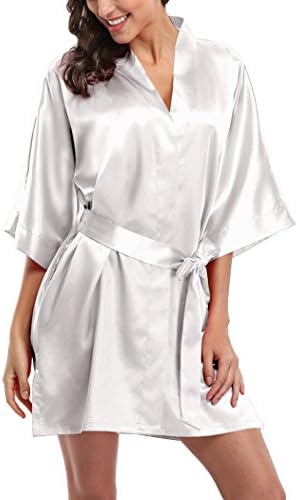 Women's Short Satin Kimono Robes Pure Color Sleepwear Bathrobe for Wedding Party