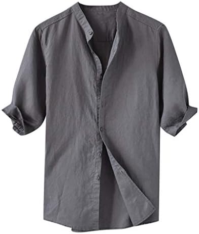 Men's Summer Vintage Solid Grandad Collar Short Sleeve Buttons Henley Neck Cotton And Linen Shirt