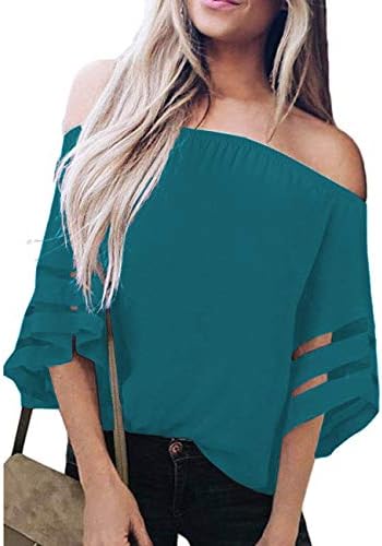 TECREW Women's Off Shoulder 3/4 Bell Sleeve Chiffon Blouse Tops Casual Mesh Panel T Shirts