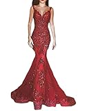 OYISHA Womens Sequins Mermaid Evening Dresses V-neck Long Sexy Prom Gowns EV44 Burgundy 14