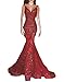 OYISHA Womens Sequins Mermaid Evening Dresses V-neck Long Sexy Prom Gowns EV44 Burgundy 14