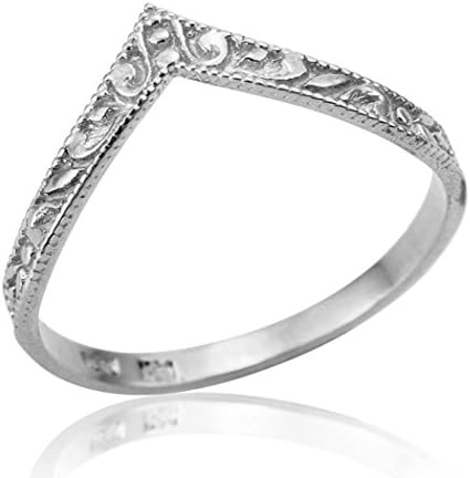 Neta WolpeHandmade 14k White Gold Stackable V Curved Wedding Band with Hand Crafted Floral Engraving SIZE 6